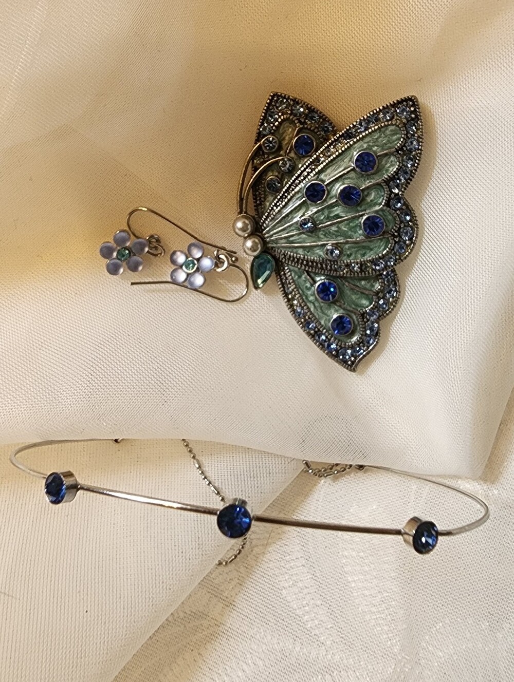 Jewelry Set: Vintage Crystal Butterfly Brooch w/ Matching Earrings & Bracelet